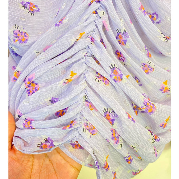 ZARA Purple Floral Ruched Long Sleeve Sheer Round Neck Invisible Back Zip XL - Picture 6 of 7